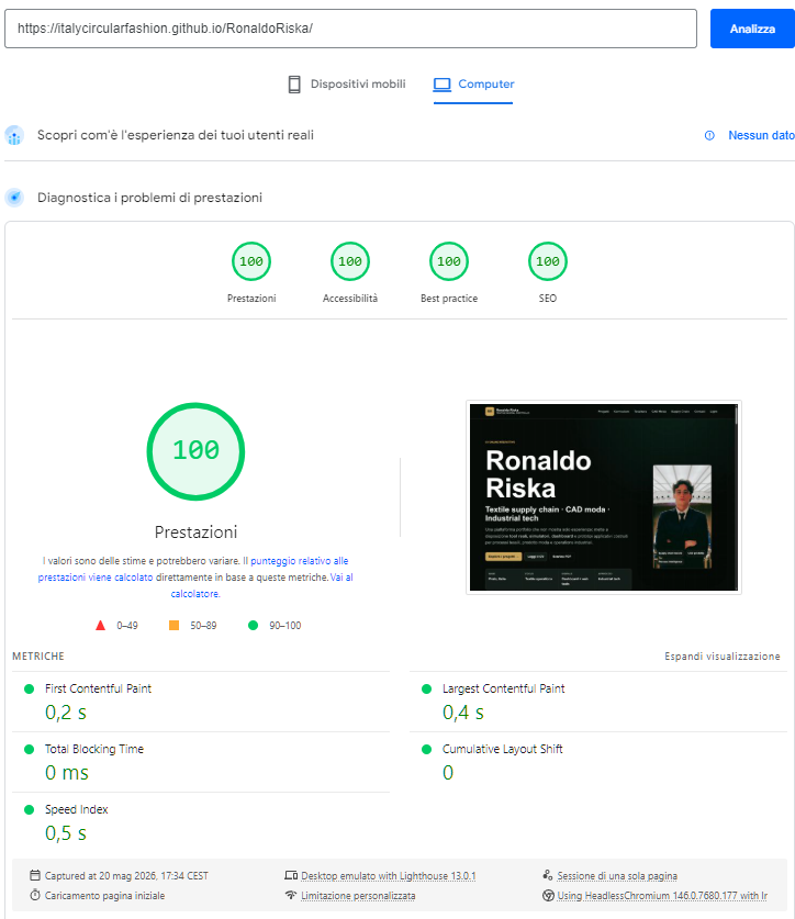 Screenshot PageSpeed Insights desktop: 100 performance, 100 accessibilita, 100 best practice, 100 SEO